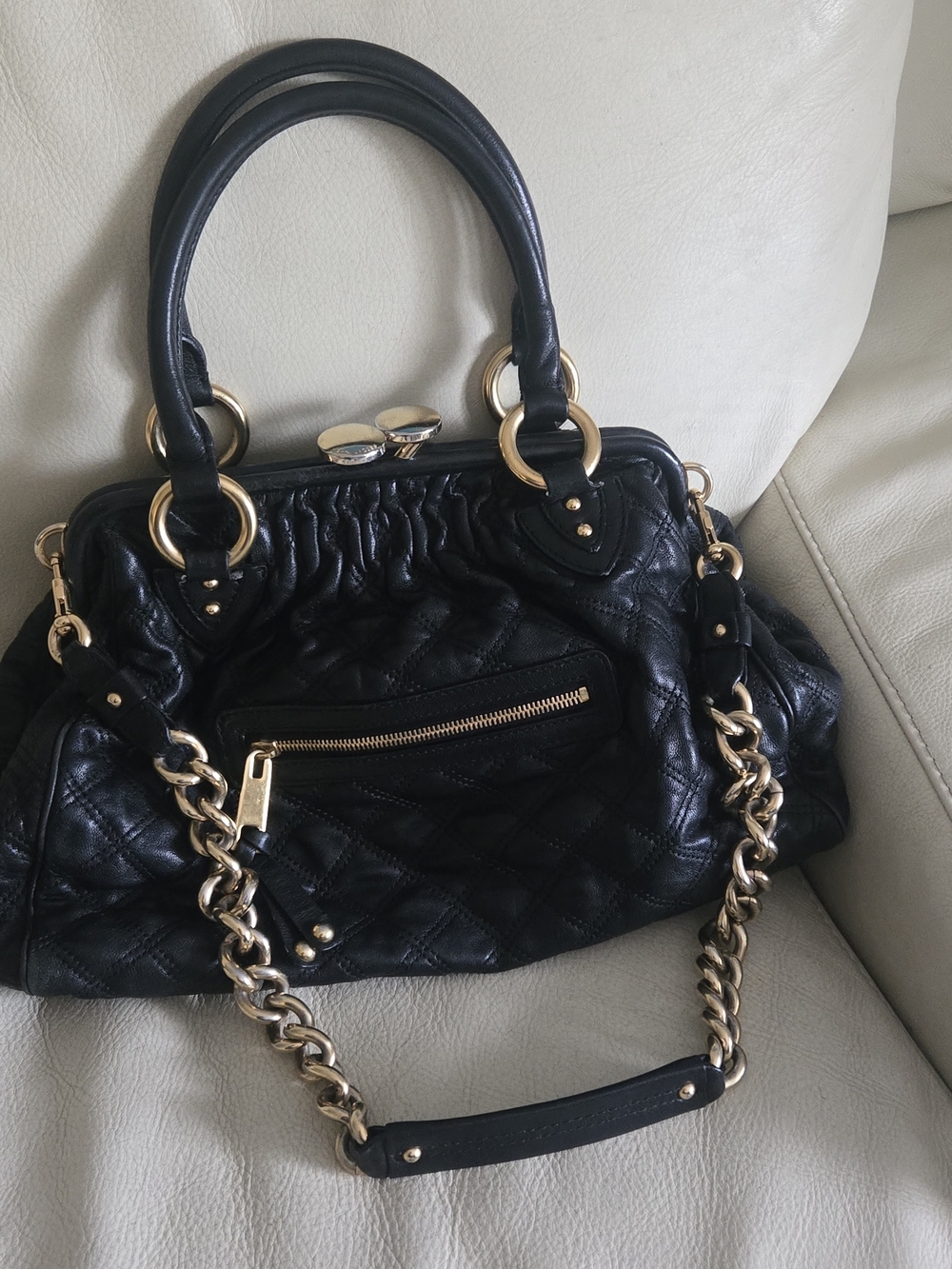 Y2k Marc Jacob Vintage Quilted Leather Satchel Handbag with Gold Chain Hardware